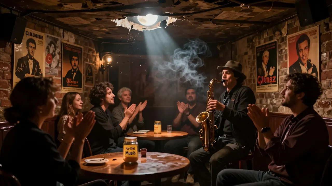 Hidden jazz basement with smoke, instruments, and a jar for donations under dim amber light.