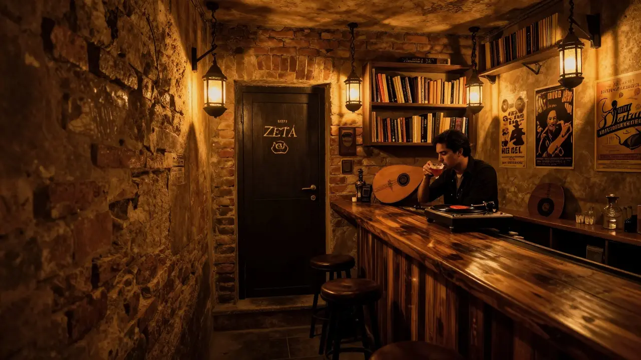 Hidden underground lounge with lantern light, wooden bar, and vinyl record spinning in dim brick room.