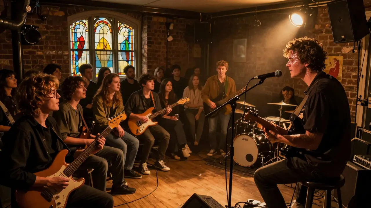 Intimate concert at Camden Assembly with a band performing under stained-glass windows, audience close and engaged.