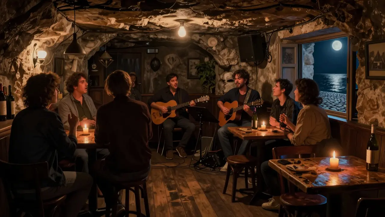 Intimate live indie rock performance at La Rascasse bar with candlelight and locals singing along.