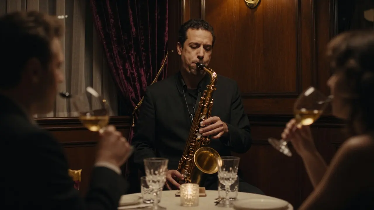 Jazz musician playing saxophone in dimly lit lounge