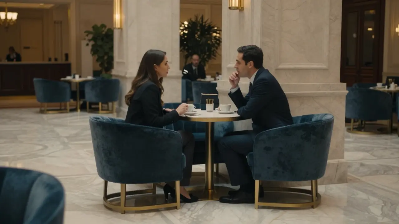 Luxurious hotel lobby interior with a couple conversing at a table.