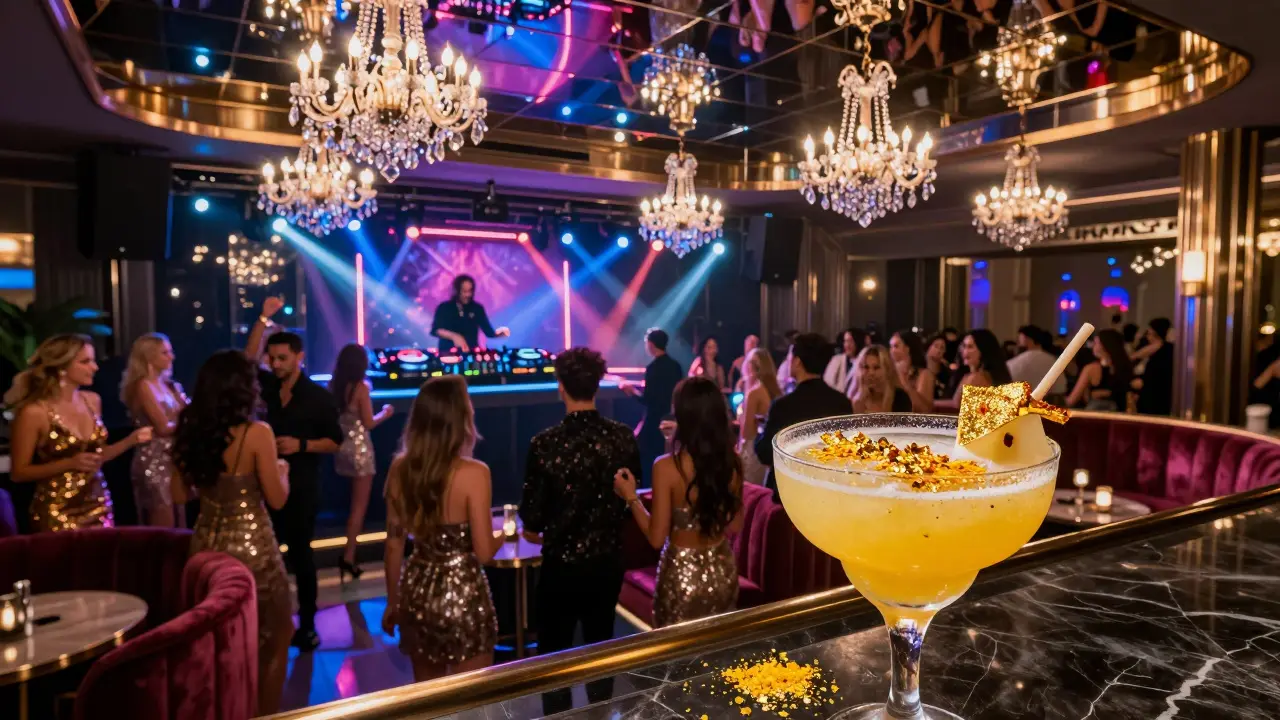 Luxurious nightclub with crystal chandeliers, dancing crowd, and sparkling gold cocktail in foreground.