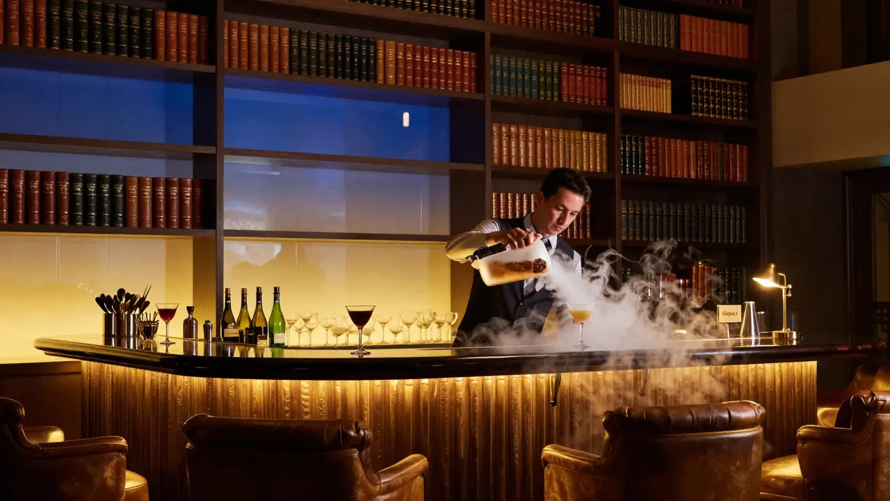 Luxury library bar with glowing wall, smoky cocktail, and leather chairs under soft golden light.