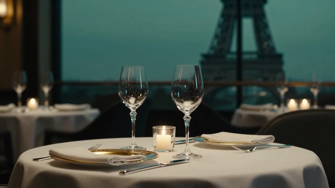Luxury restaurant table setting with Eiffel Tower view.