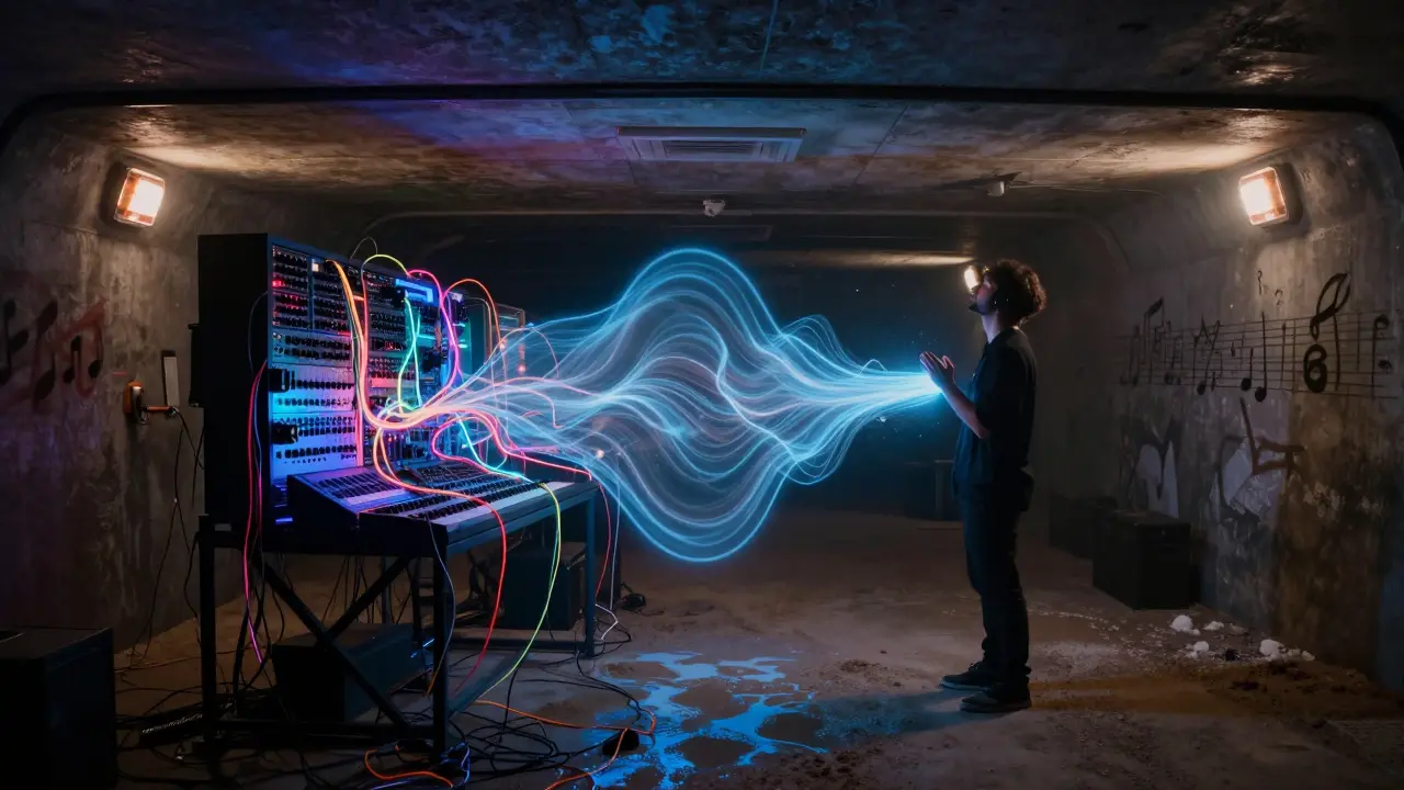 Mysterious underground synth performance in a converted submarine garage with glowing neon wires and vibrating sound waves.