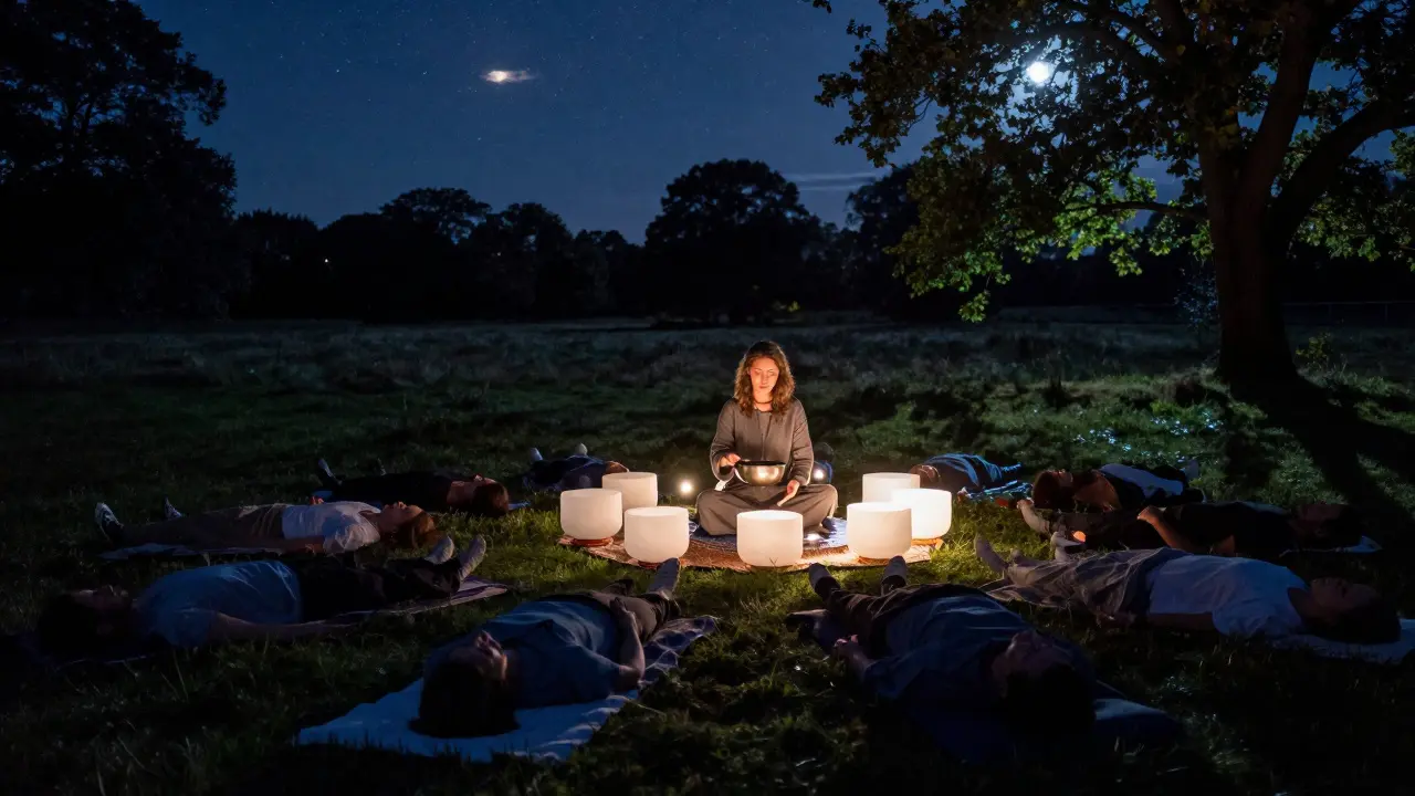 People lying on blankets under the stars in a London park, surrounded by glowing crystal singing bowls.