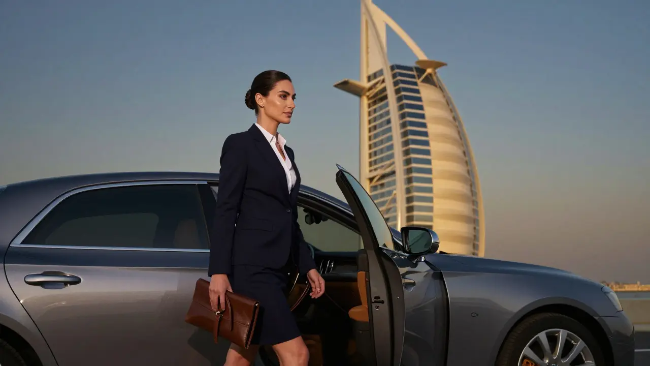 Professional companion arriving at Burj Al Arab in a tailored suit, private car parked at dusk.