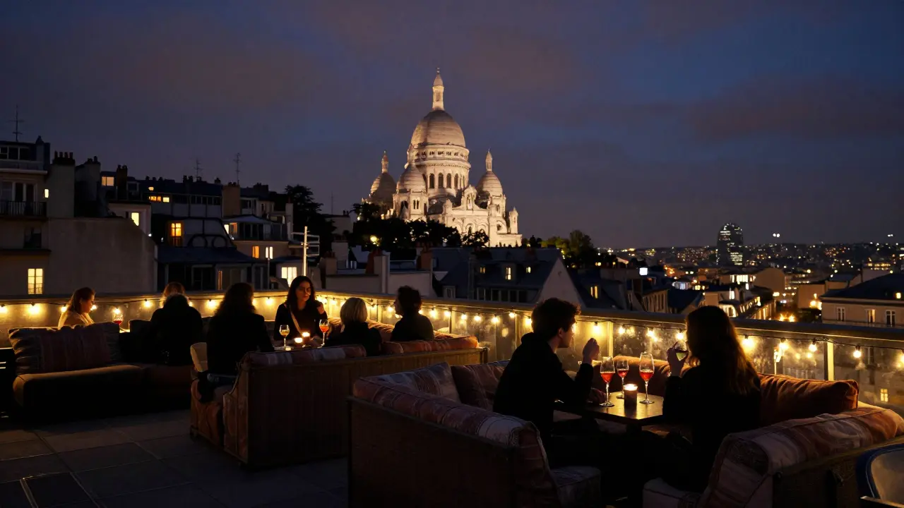 Rooftop bar in Montmartre at night with city lights glowing behind patrons enjoying champagne cocktails.
