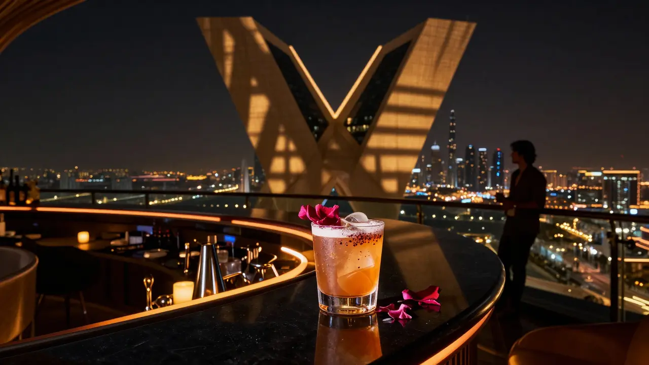 Rooftop bar with Y-shaped tower shadows, amber lighting, and city skyline reflections.
