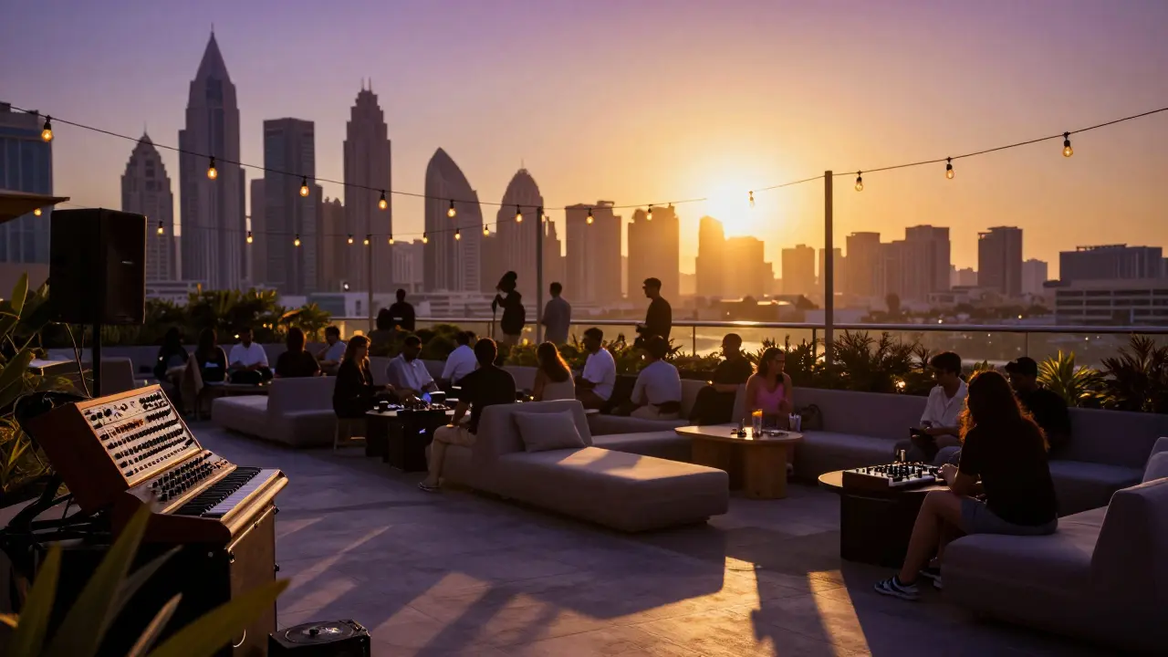 Rooftop electronic music session at Secret Garden with producer using analog synths at dusk