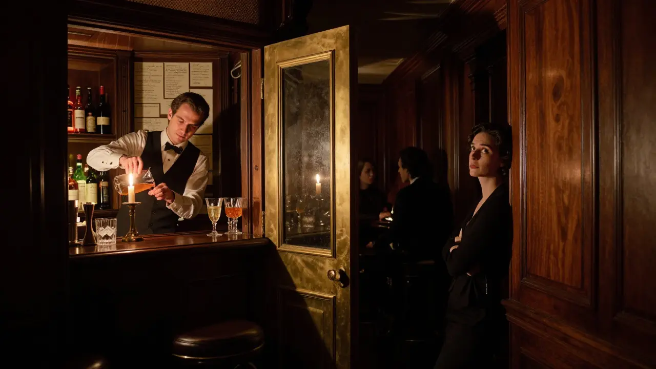 Secret speakeasy bar with candlelight, rare bottles, and a lone guest in a hidden alley behind a palace.