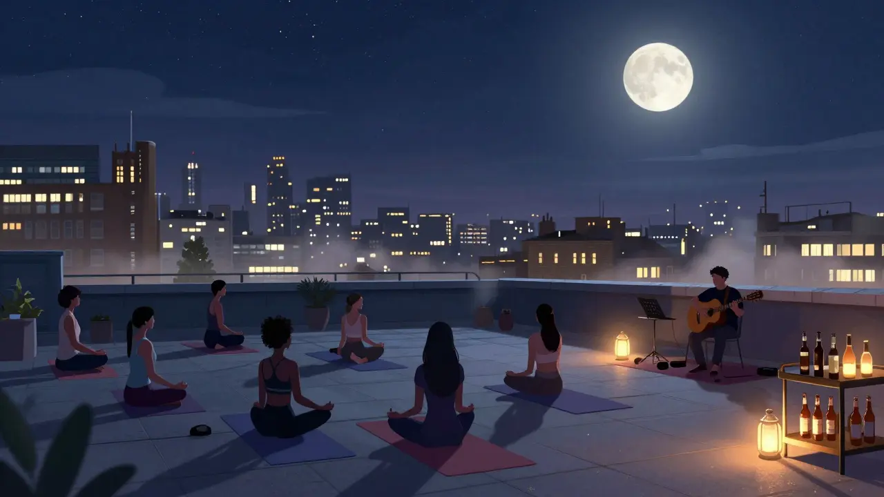 Silhouettes of people doing yoga on a rooftop at night with city lights and a guitarist playing.