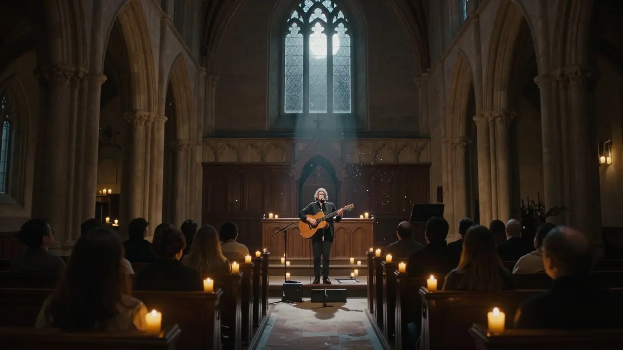 Sole musician performing in Union Chapel, golden light casting shadows on silent, reverent listeners.