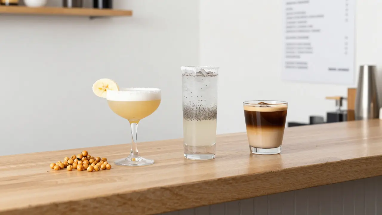 Three clean, protein-rich drinks served at a minimalist fitness bar with natural snacks.