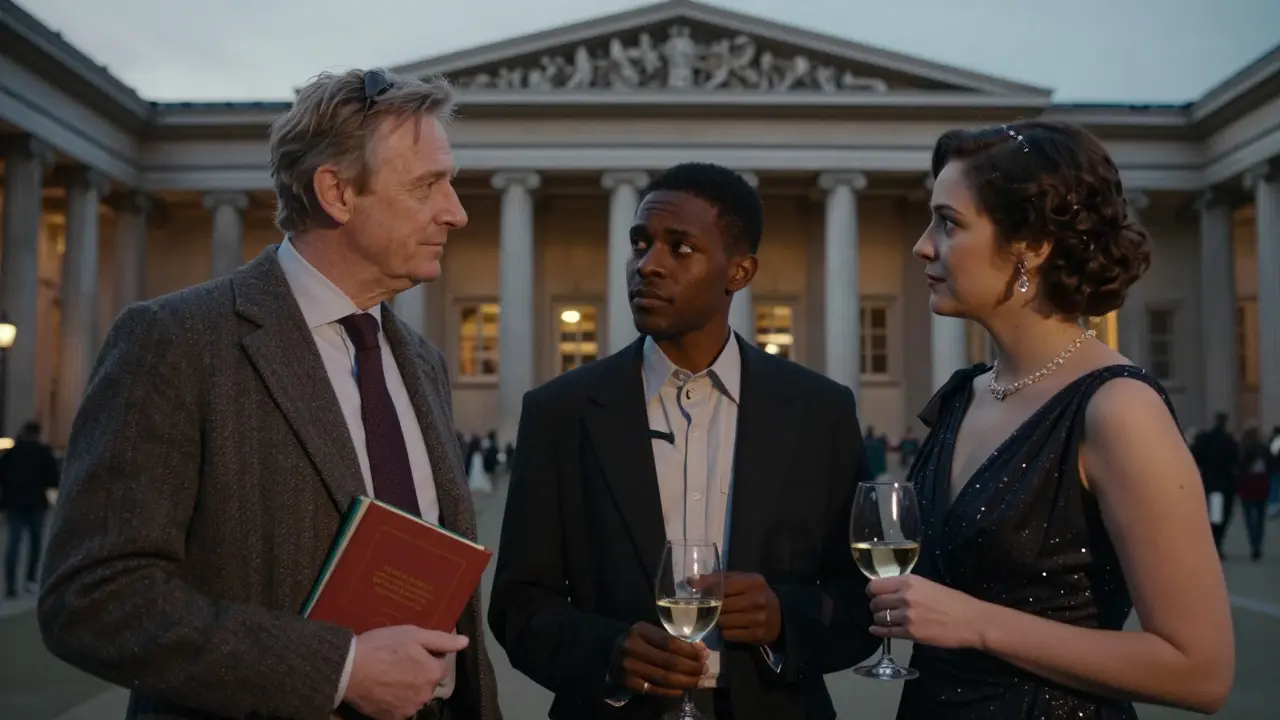 Three diverse companions standing before the British Museum at dusk, holding books and wine, embodying intellectual connection.