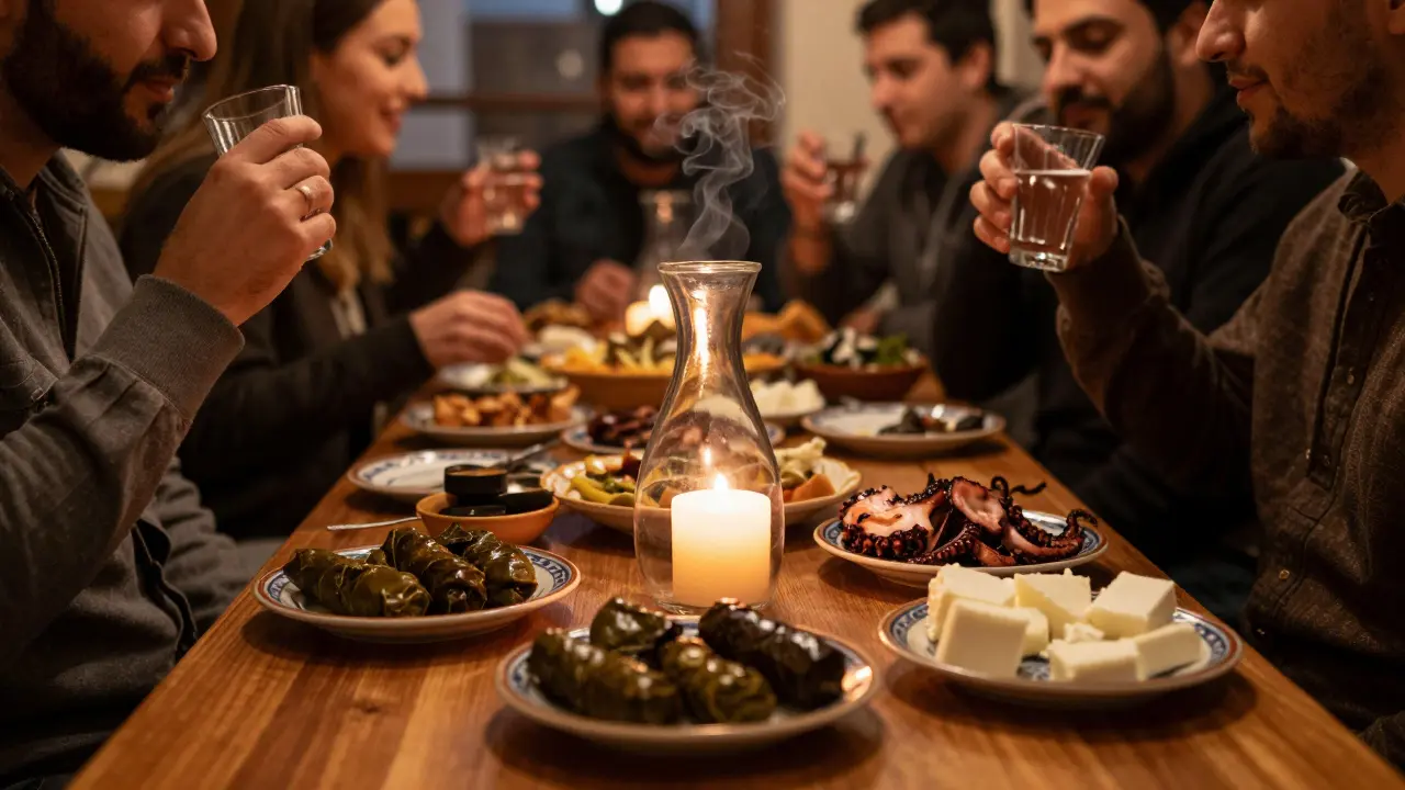 Traditional Turkish meyhane interior with meze plates and raki on a table.