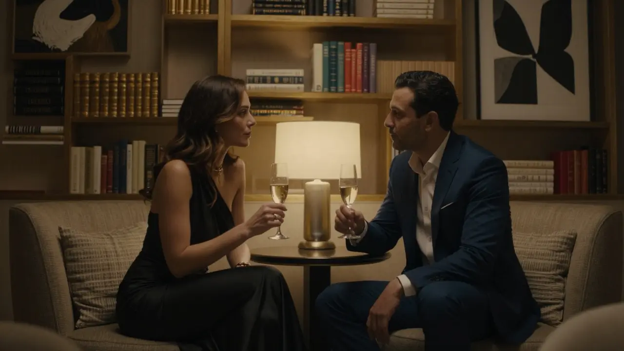 Two elegantly dressed individuals engaged in quiet conversation in a luxurious lounge with soft lighting and refined decor.