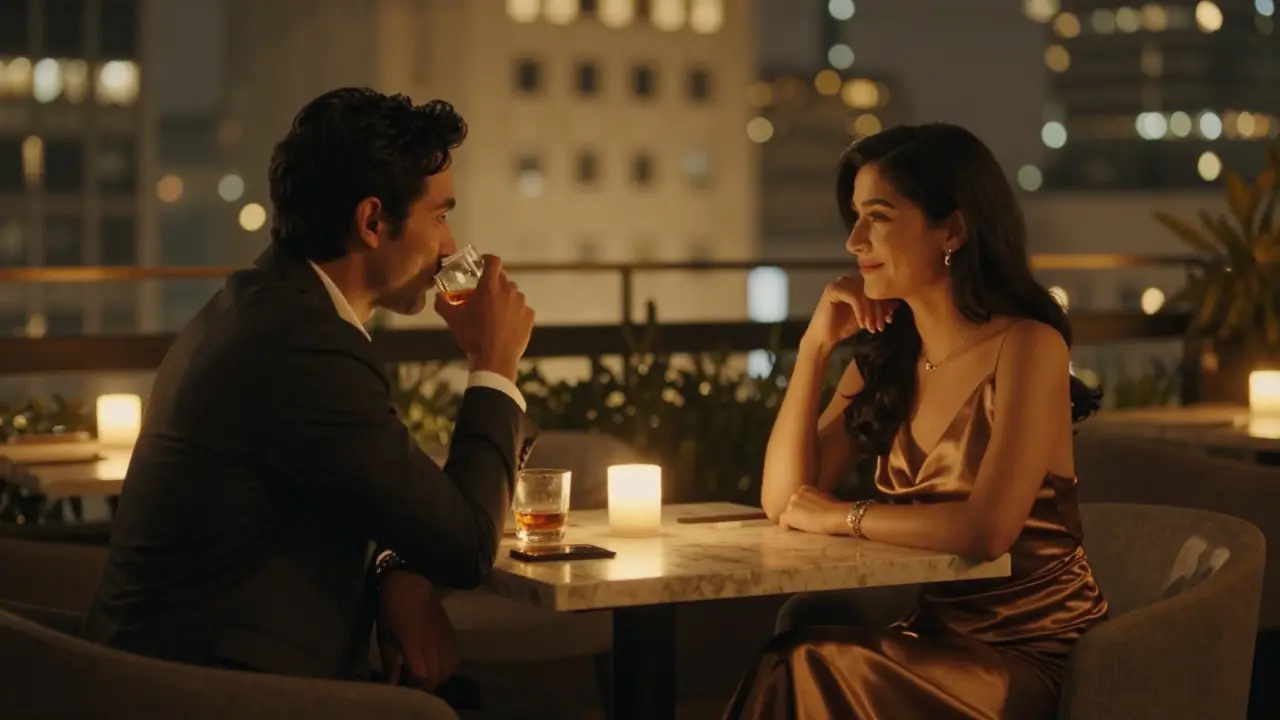Two figures enjoying quiet conversation on a rooftop lounge in Dubai, candlelight and city lights in background.