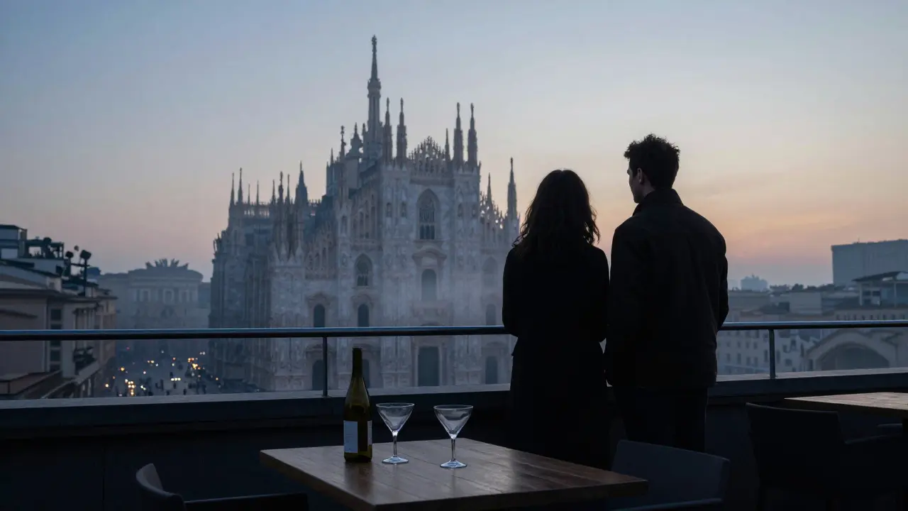 Two figures stand on a rooftop at dawn, overlooking Milan's skyline as the sun rises over the Duomo.