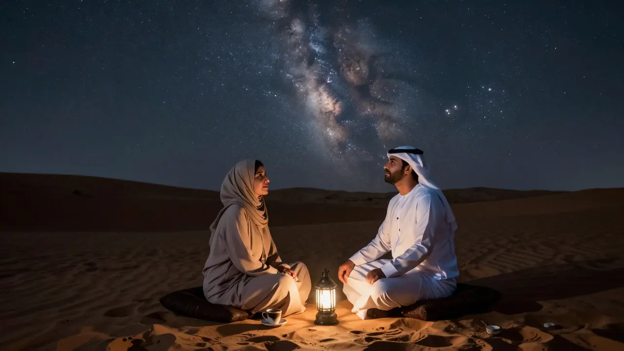 Two individuals sit peacefully under a starlit desert sky, sharing a quiet moment with only a lantern for light.