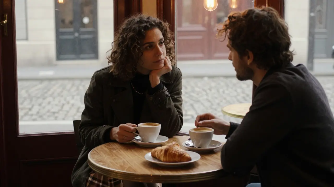 Two people having coffee at a bistro table in Saint-Germain.