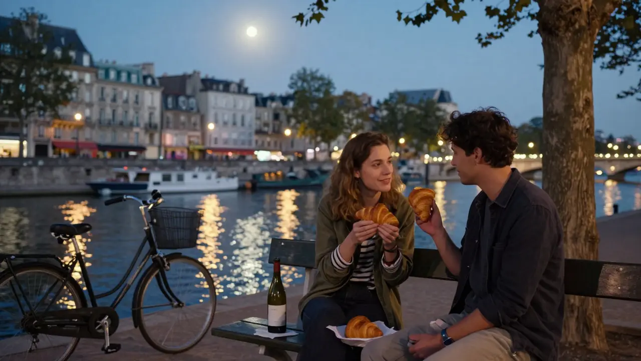 Two people share a croissant and quiet conversation by the Canal Saint-Martin at dawn.