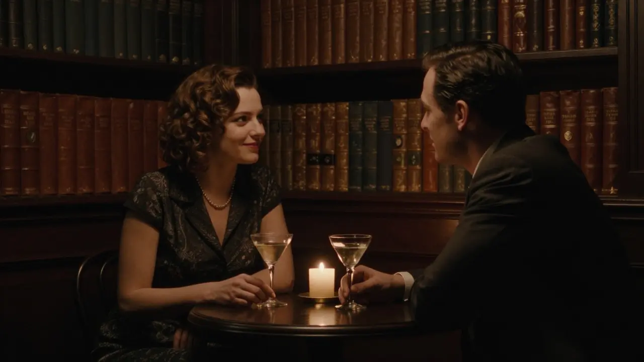 Two people share a quiet moment in a luxurious library bar with books and candlelight.