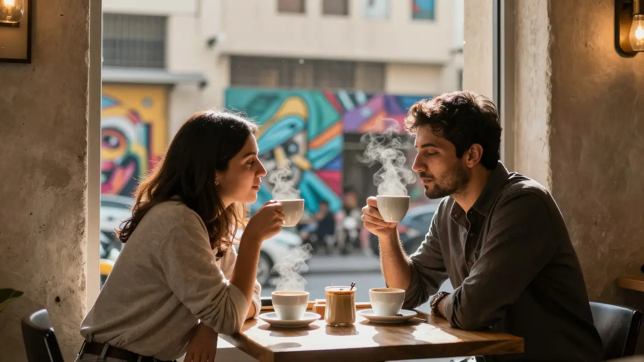 Two people share a quiet moment over coffee in an art-filled café in Alserkal Avenue, Dubai.