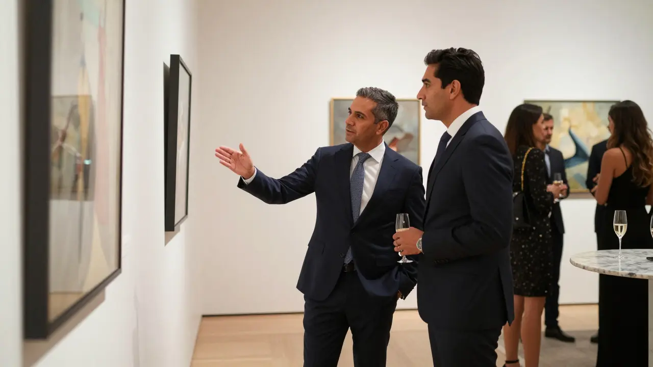 Two professionals viewing art at gallery opening event