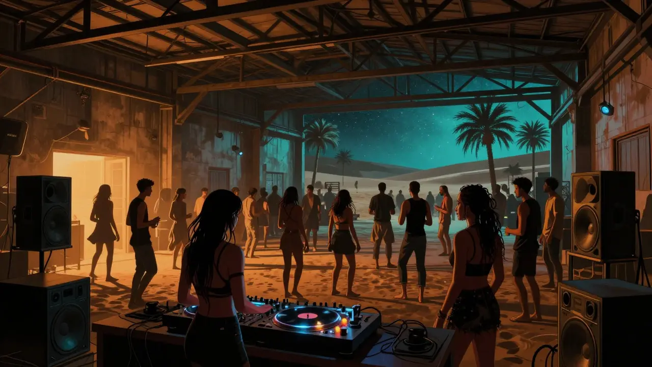 Underground rave at The Yard warehouse with vinyl DJ and desert skyline in background