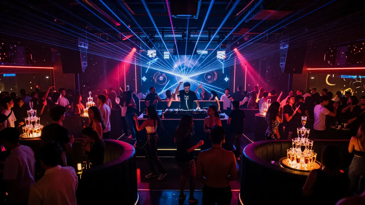 Vibrant nightclub with dancing crowd, laser lights, and a DJ on stage under pulsing neon beams.