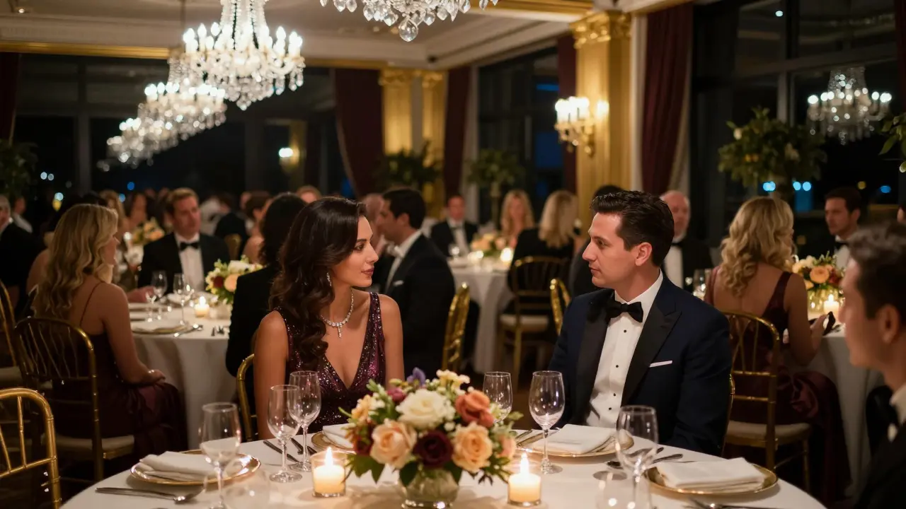 Well-dressed guests at upscale hotel gala dinner